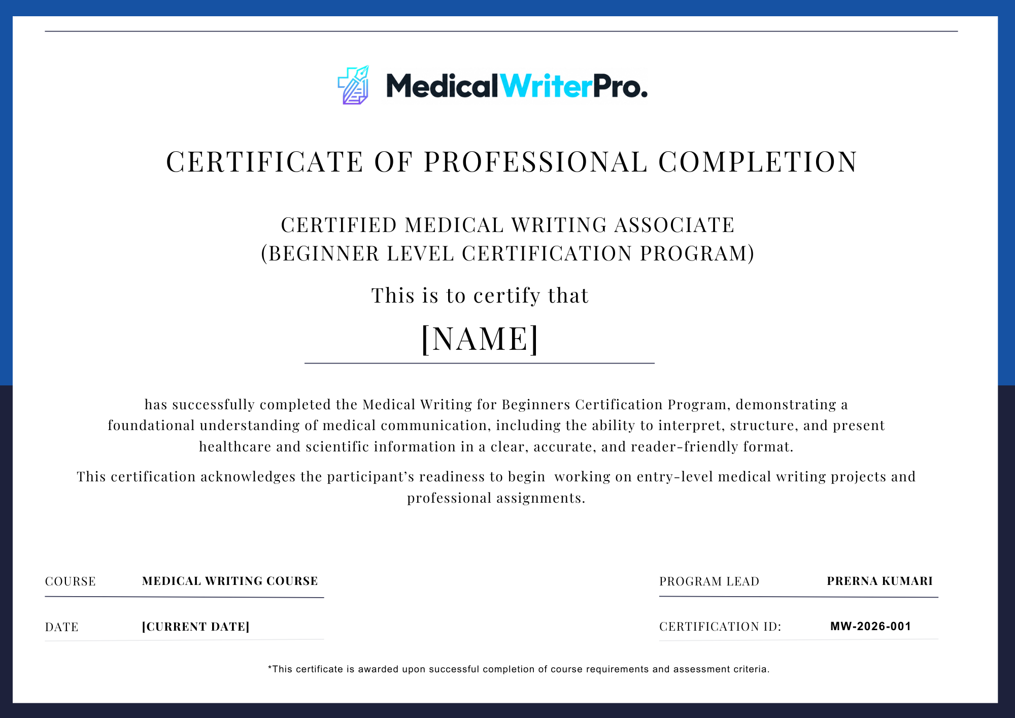 Reputed Medical Writing Certificate